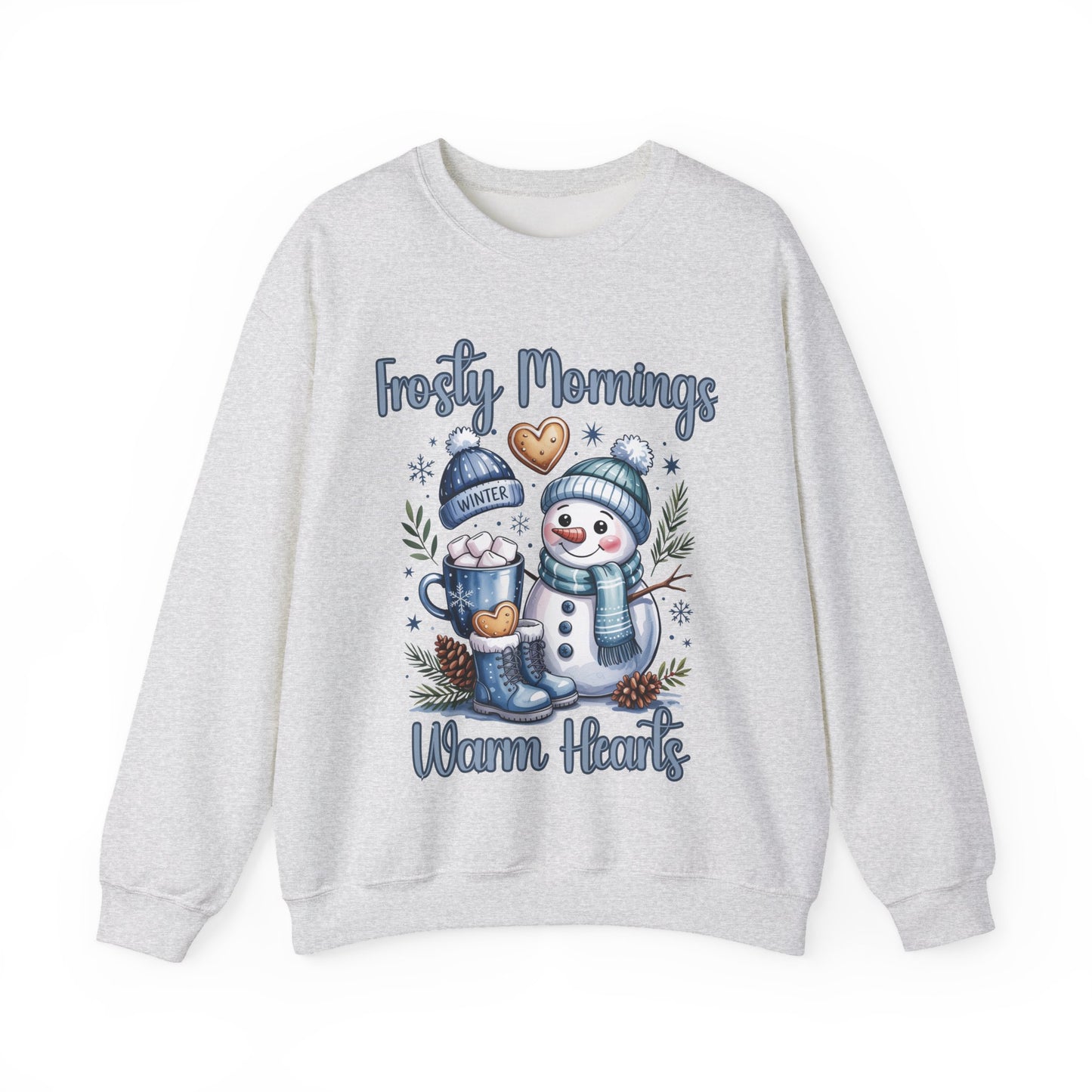Snowman Morning Crewneck Sweatshirt — "Frosty Mornings Warm Hearts" Holiday Pullover