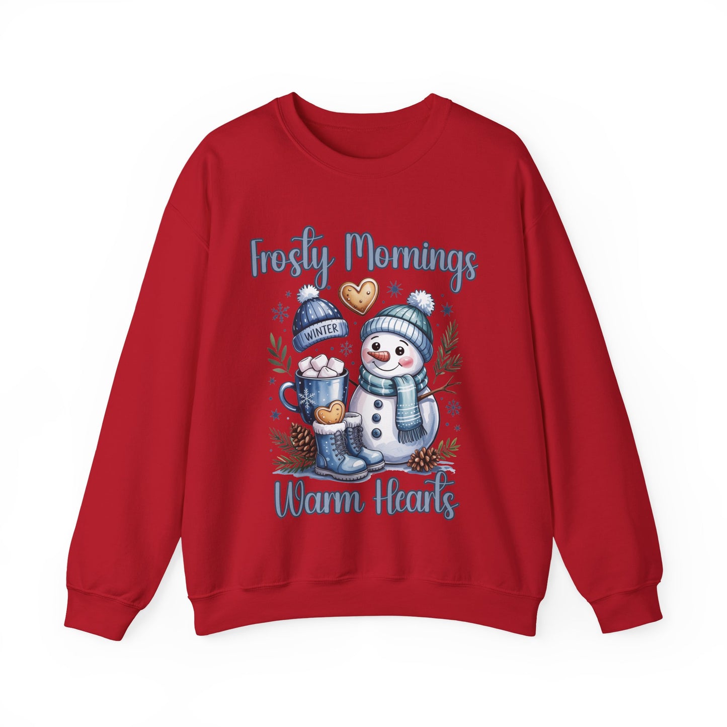 Snowman Morning Crewneck Sweatshirt — "Frosty Mornings Warm Hearts" Holiday Pullover
