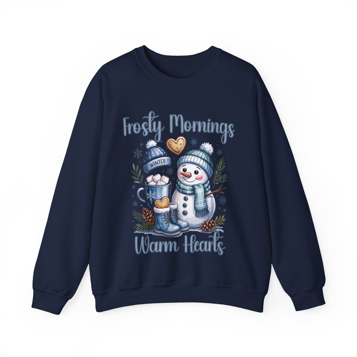 Snowman Morning Crewneck Sweatshirt — "Frosty Mornings Warm Hearts" Holiday Pullover
