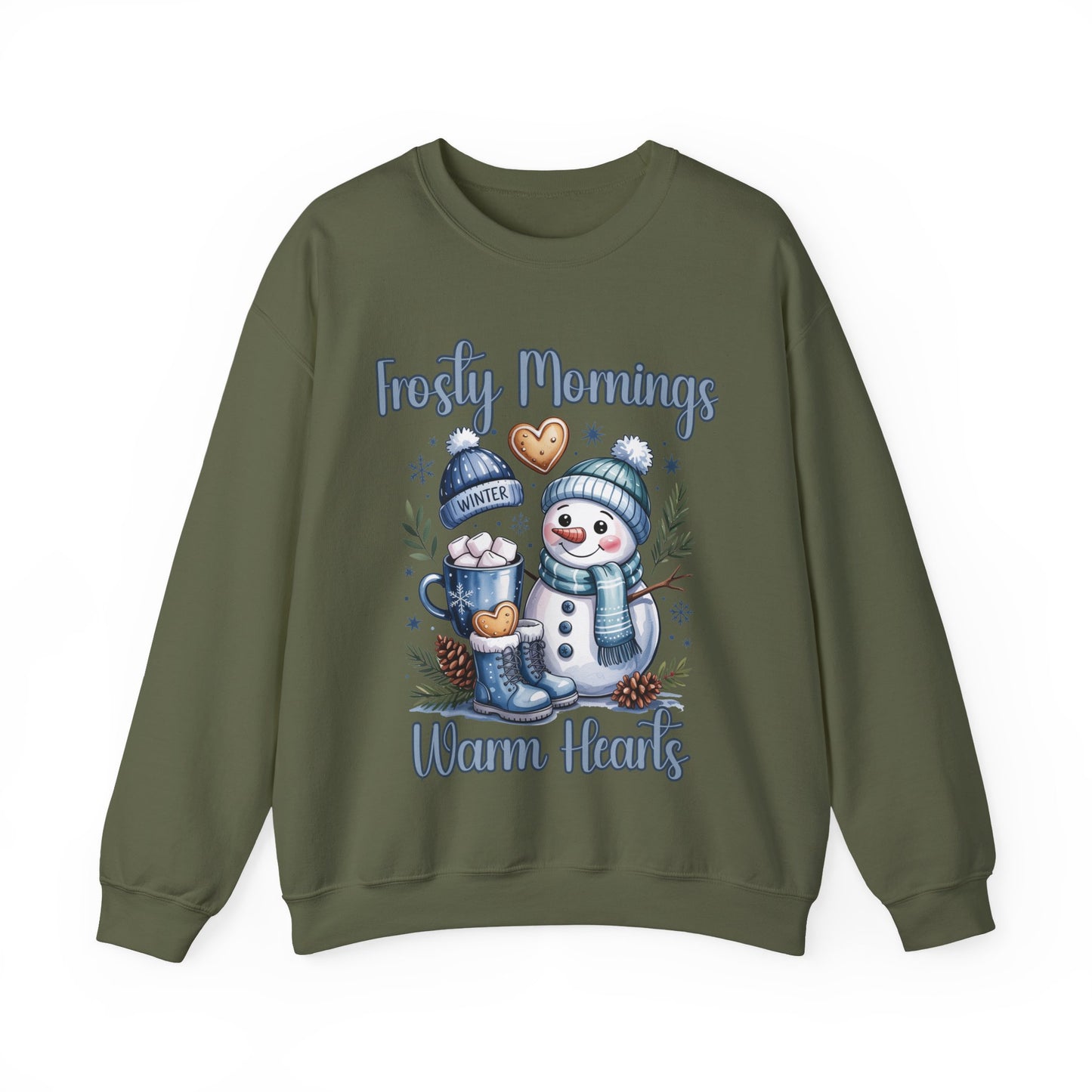 Snowman Morning Crewneck Sweatshirt — "Frosty Mornings Warm Hearts" Holiday Pullover
