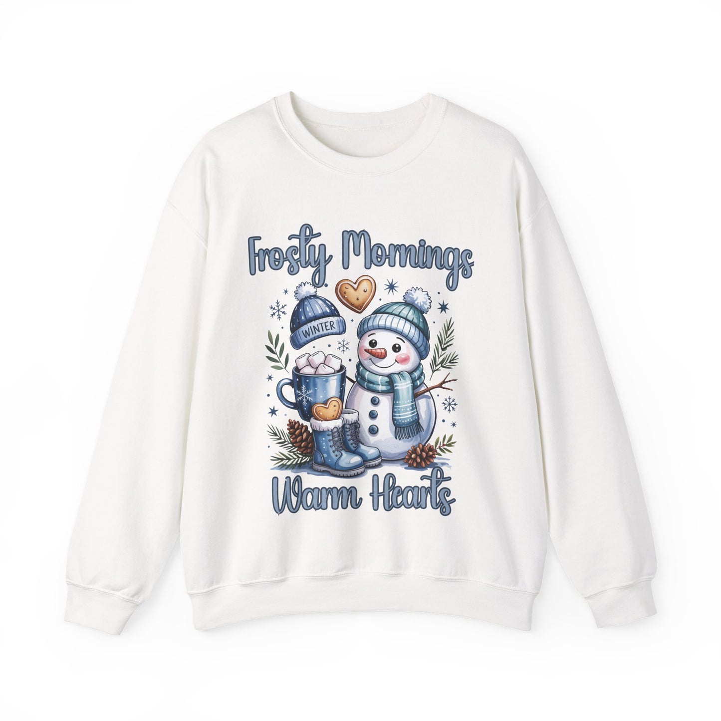 Snowman Morning Crewneck Sweatshirt — "Frosty Mornings Warm Hearts" Holiday Pullover