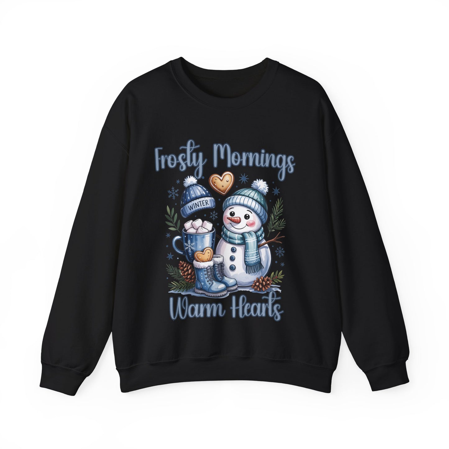 Snowman Morning Crewneck Sweatshirt — "Frosty Mornings Warm Hearts" Holiday Pullover