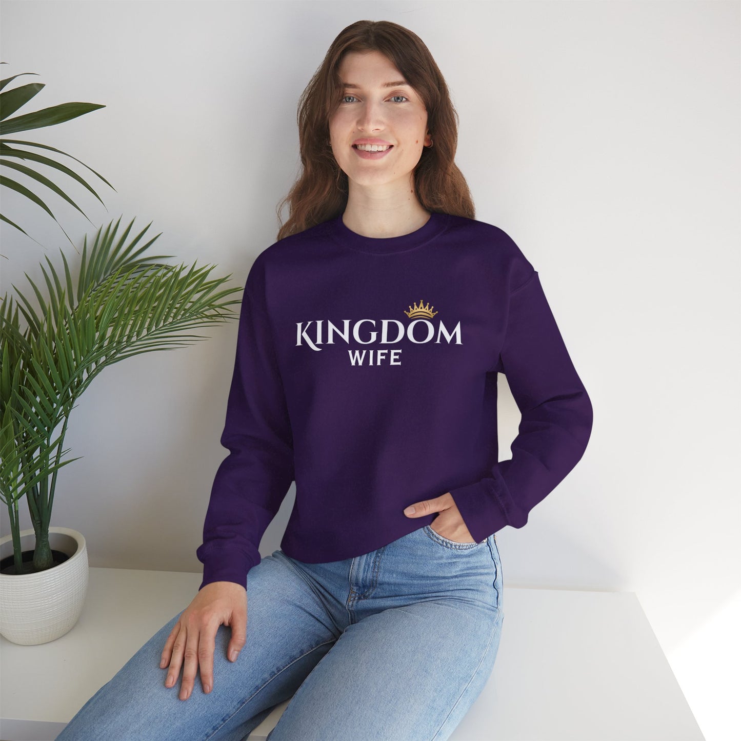 Kingdom Wife Crewneck Sweatshirt — Christian Faith & Marriage Gift with Crown Graphic